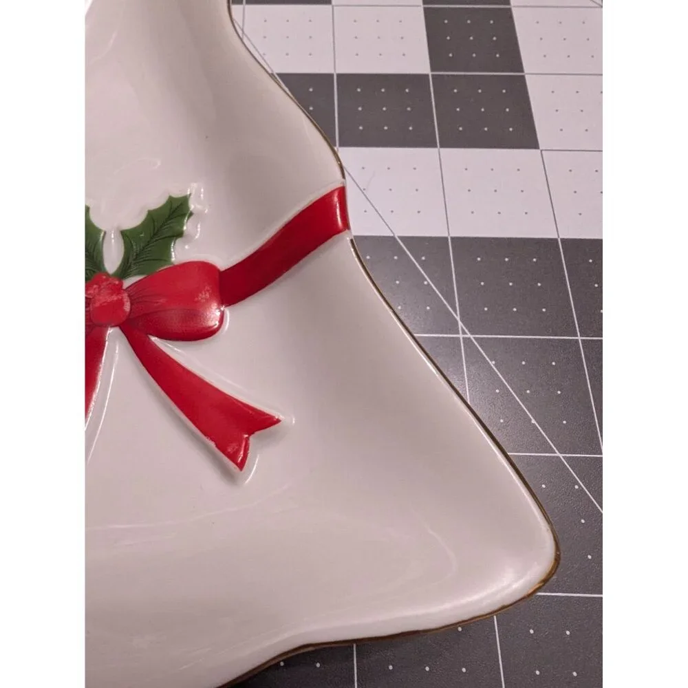 Mount Clemens Pottery Christmas Tree‎ Red Ribbon and Holly Leaf Plate Dish 9 in
